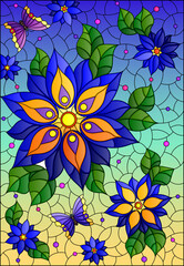 An illustration in the style of a stained glass window with bright blue flowers on a blue background, a rectangular image