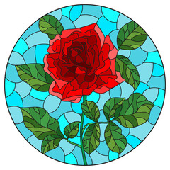 Fototapety  Illustration in stained glass style with a bright red roses flowers on a blue background, oval image