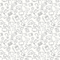 Seamless background with a simple contour icons on the topic of household appliances, a dark outline on a light background