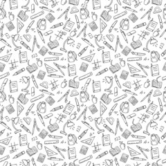 Seamless pattern on the theme of the school, a simple hand-drawn contour icons on white background