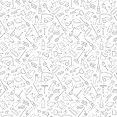  Seamless pattern on the theme of cleaning and household equipment and cleaning products, dark outline on a white background