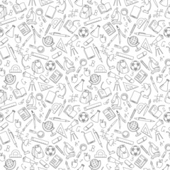 Seamless pattern on the theme of the school, a simple contour icons, dark outline on a light background