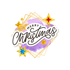 Merry Christmas text decorated with hand drawn lettering with gold stars. Greeting card design element. Vector typography.