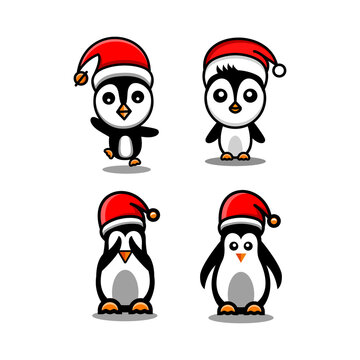 Animal cartoon Bundle penguin in christmas hat , with in white background , vector logo design template