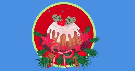 Vector image of dessert and christmas decoration with copy space against blue background