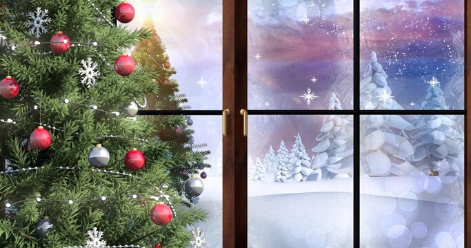 Digital composite image of decorated christmas tree by window, copy space