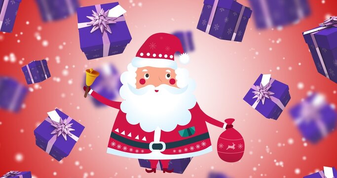 Vector image of santa claus with purple gift boxes against red background