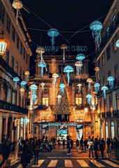 night Christmas streets in Lisbon. walks at christmas time. holiday time