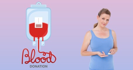Portrait of woman using glucometer by blood donation text with symbol on purple background