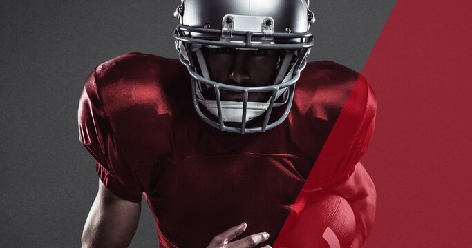 Digital composite image of male american footballer wearing helmet holding ball over background