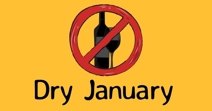 Digital composite image of dry january text with no alcohol symbol on yellow background