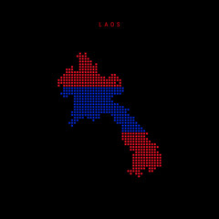 Obraz premium Square dots pattern map of Laos. Laotian dotted pixel map with national flag colors isolated on black background. Vector illustration.