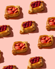 Puff pastry dessert pattern with raspberries and strawberries