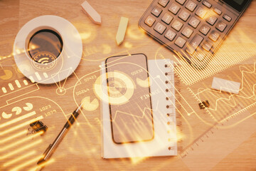 Multi exposure of technology theme drawing over table with phone. Top view. Concept of hightech.