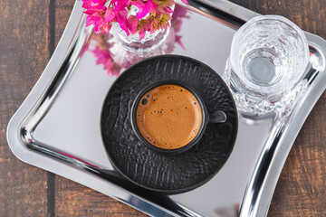 Top view of traditional Turkish Coffee on wooden background