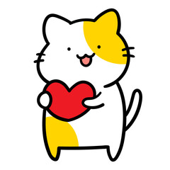 ハートを持つかわいいねこのキャラクターの手書き風イラスト