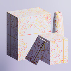 A set of several boxes and a vase on a gradient background.3d.