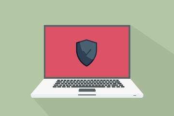 Laptop flat icon. Computer symbol. Vector illustration. Antivirus program. Protection. Virus protection. 