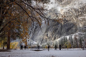 Swinging Bridge. Autumn first snow in Yosemite National Park, California, USA.