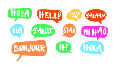 Text with word hello in different languages. French bonjur and salut, spanish hola, japanese konnichiwa, chinese nihao and other greetings. Handwritten background for hotels or school