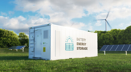 concept of a modern high-capacity battery energy storage system in a container located in the middle of a lush meadow with a forest in the background. 3d rendering - obrazy, fototapety, plakaty