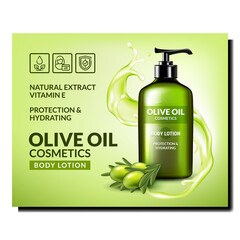 Olive Oil Body Lotion Promotional Poster Vector. Olive Natural Extract Cosmetic Blank Bottle With Pump, Splash And Tree Berries On Advertising Banner. Stylish Concept Template Illustration