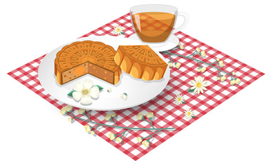 Salted egg yolk mooncake with teacup set on tablecloth