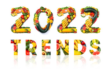 New year 2022 food trends. New Year 2022 made of vegetables, fruits and fish on white background. Number 2022 healthy food. 2022 resolutions, trends, balanced food, sustainable, healthy food concept
