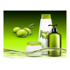 Olive Oil Cosmetics Promotional Banner Vector. Olive Vitamin Cream, Soap And Shampoo Blank Bottle With Pump And Container, Berry And Liquid Advertising Poster. Style Concept Template Illustration