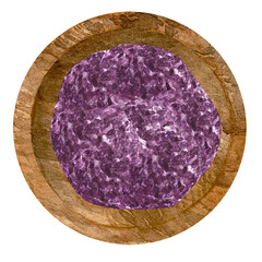 Watercolor dry purple basil in wooden bowl. Kitchen spices and herbs set.