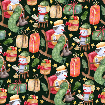 Seamless Pattern With Snowman Grandma, Grandson And Christmas Gift Boxes On Dark Background. Family Hand Painted Watercolor Illustration. Great For Fabrics, Wrapping Paper, Greeting Cards.