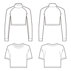 Cropped turtleneck & round neckline top fashion vector sketch, Apparel template