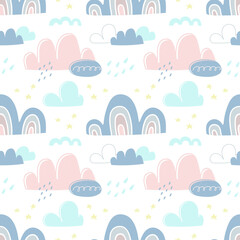 Vector seamless pattern with clouds on a white background. Illustration for wrapping paper, post cards, prints for fabric, emblems, advertising and packaging. 