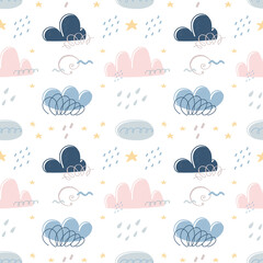 Vector seamless pattern with clouds on a white background. Illustration for wrapping paper, post cards, prints for fabric, emblems, advertising and packaging. 