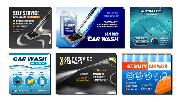 Car Wash Service Promotional Posters Set Vector. Hand And Self-service Car Wash, Water High Pressure Gun Sprayer Equipment And Mop Advertising Banners. Stylish Concept Template Illustrations