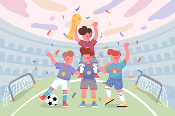 Children playing football on field in stadium background. Team of players won soccer match, received cup and gold medals. Happy boys celebrate victory scene. Vector illustration in flat cartoon design
