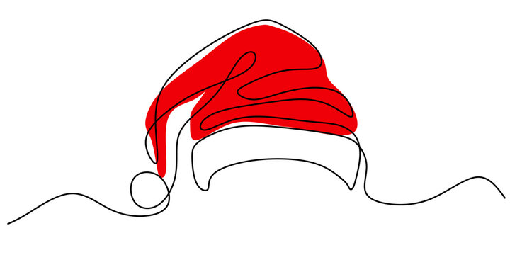 Continuous one single line of santa claus hat isolated on white background.