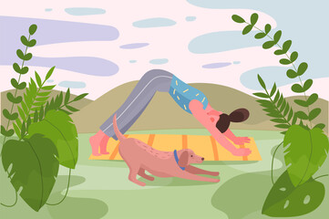 Obraz na płótnie Canvas Yoga trainings outdoors activity at nature background. Woman practicing yoga asanas with cute pet dog. Scenery with abstract sky, green hills and leaves. Vector illustration in flat cartoon design