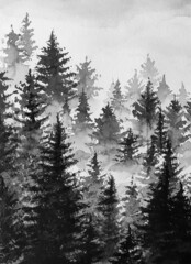 Black and white Christmas trees. Watercolor illustration.