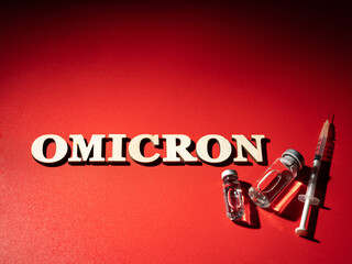 Omicron word and syringe and drug