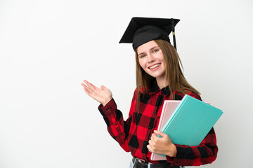 Young English student woman isolated on white background extending hands to the side for inviting to come