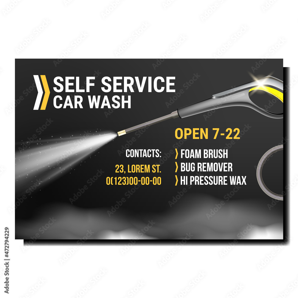 Wall mural car wash self service promotion poster vector. car wash sprayer equipment high pressure wax, bug rem