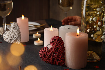 Happy Valentine day dinner on dark wooden table