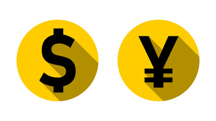 US Dollar Japanese Yen or Chinese Yuan Exchange Rate Currency Sign or Icon Set with a Gold Coin Style Design and 3D Shadow Effect. Vector Image.