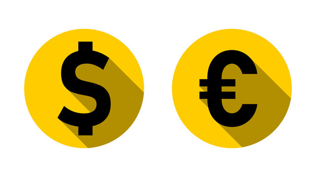 Dollar Euro Exchange Rate Currency Sign or Icon Set with a Gold Coin Style Design and 3D Shadow Effect. Vector Image.