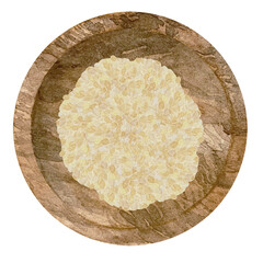 Watercolor dry garlic in wooden bowl. Kitchen spices and herbs set.