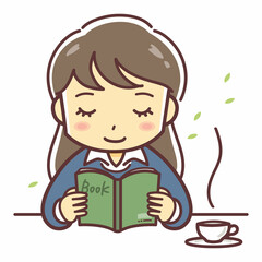 読書をする若い女の子のイラスト（女性・紅茶・コーヒー）