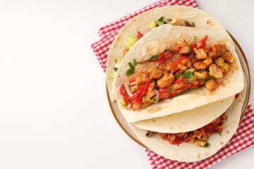 Concept of tasty food with taco on white background