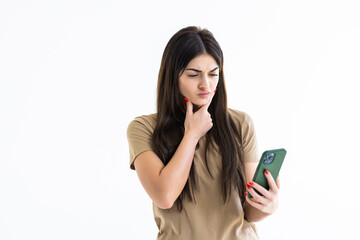 Fototapeta premium Portrait Of Young Woman using Phone Isolated On White Background