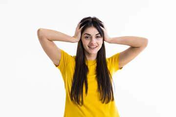 Fototapeta premium Surprised happy beautiful woman in excitement isolated over white background